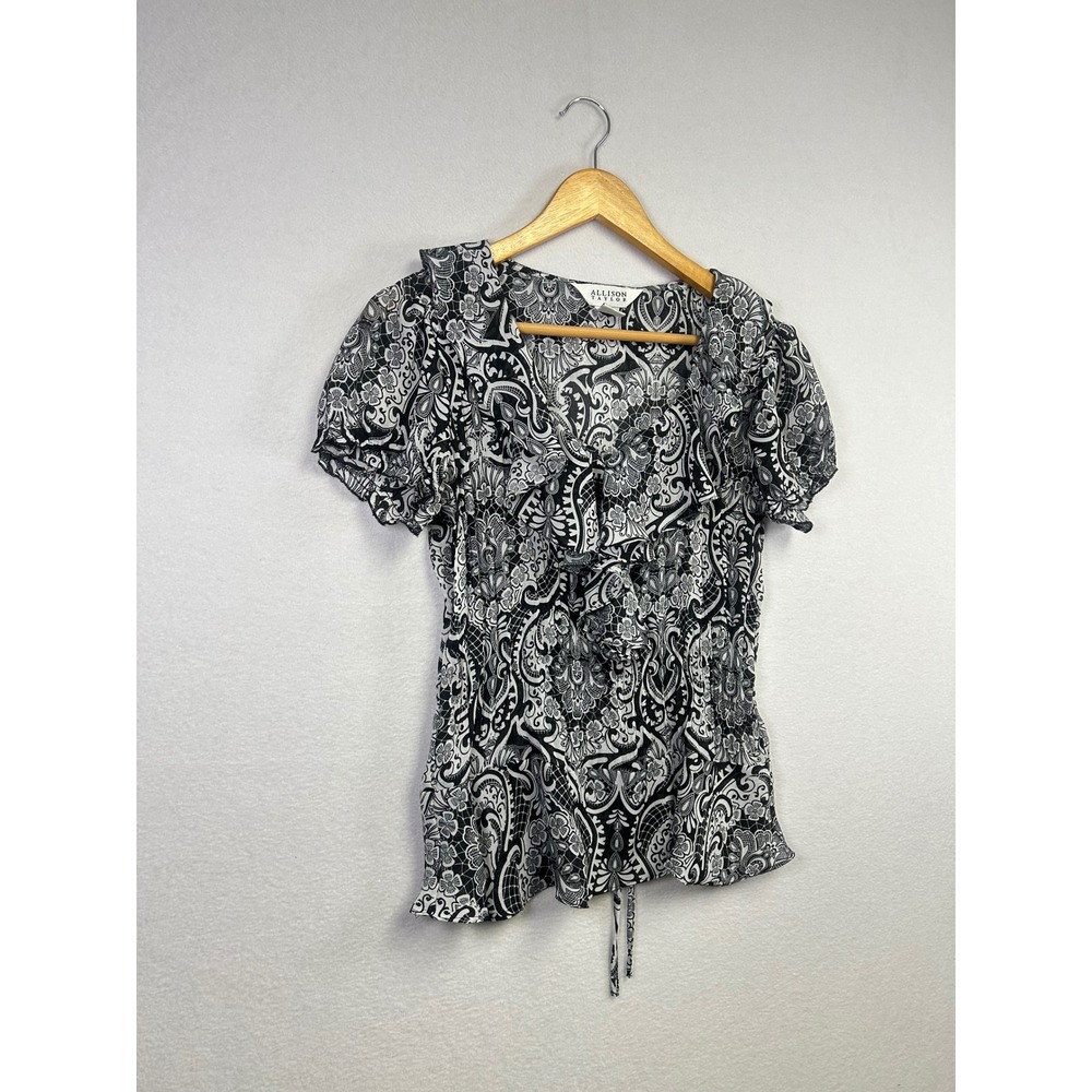 Allison‎ Taylor Black White Paisley Print Peasant Blouse Short Sleeve Women's S - Picture 8 of 8